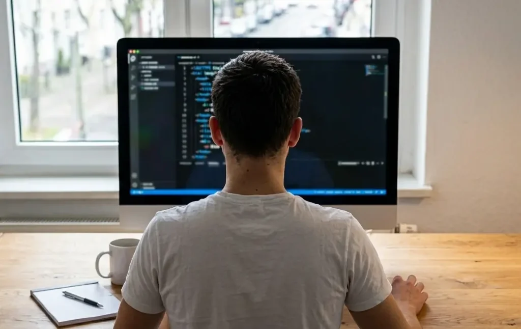Inhaber Webdesign Agentur entwickelt Internetseite am Bildschirm
